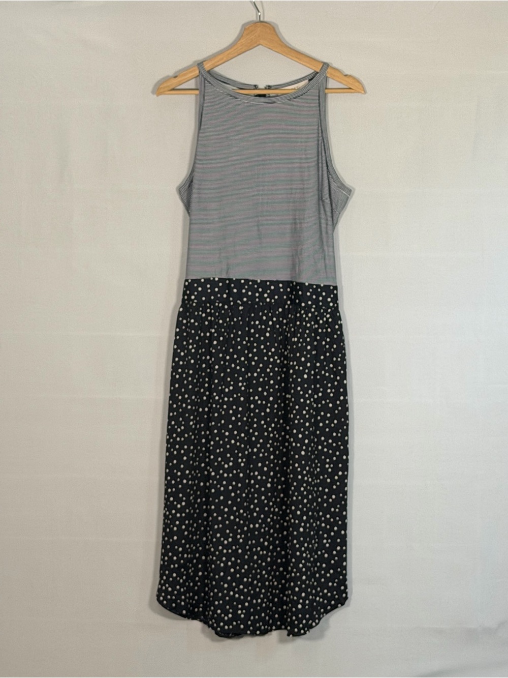 NWT LOFT Mixed Media Midi Dress Size 14 Navy Polka Dot Striped Sleeveless Belt